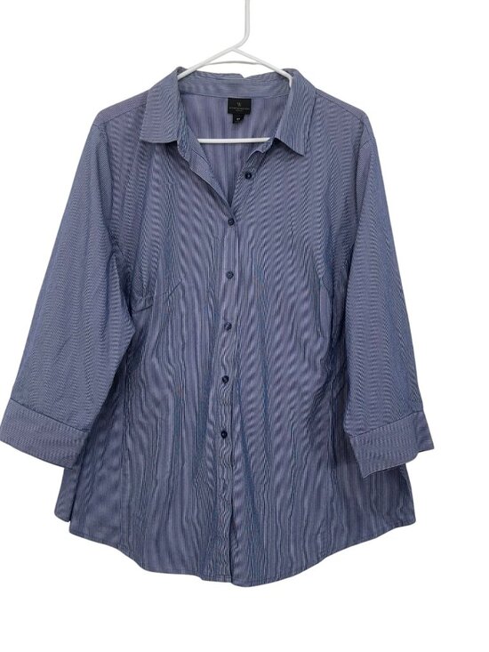 Worthington Woman 2X Blue Striped Button-Down Shirt 3/4 Sleeve Business Casual - Picture 1 of 12